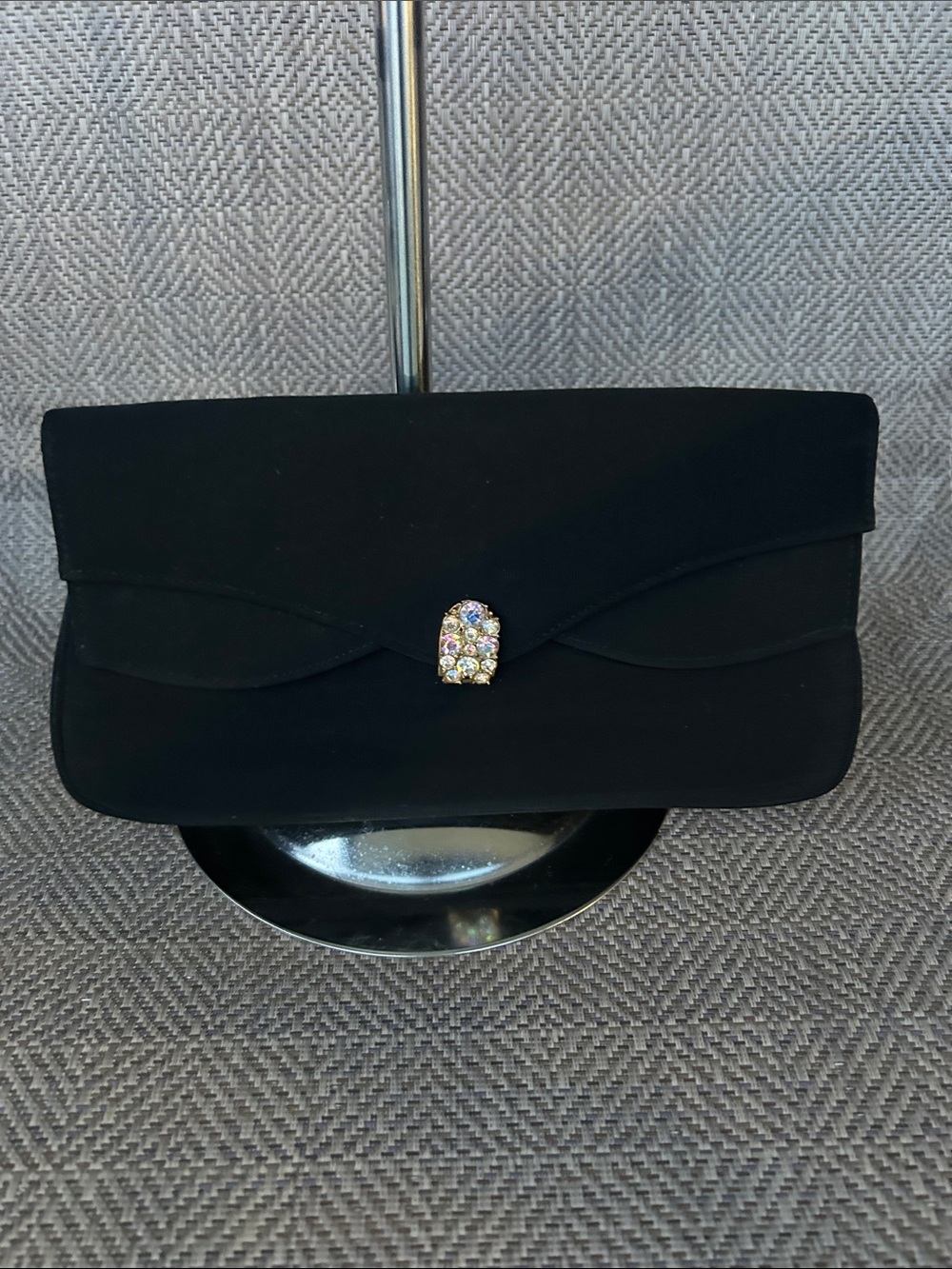 GARARY Elegant Vintage Black Rayon/Acetate Evening Clutch with Rhinestone Accent